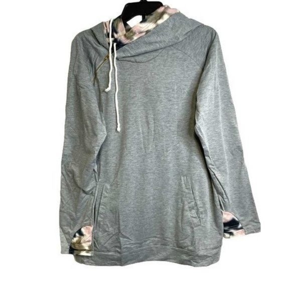 Gray Double Hooded Sweatshirt with Camo Elbow Patch and Inner Hooded 2XL - Picture 10 of 11